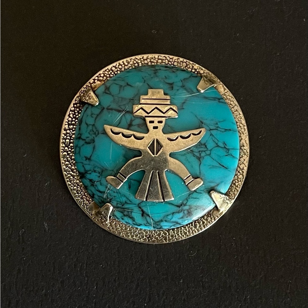 Vintage Bell Trading Company Nickel Silver and Faux Turquoise Kachina Pendant